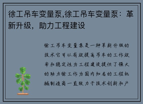 徐工吊车变量泵,徐工吊车变量泵：革新升级，助力工程建设